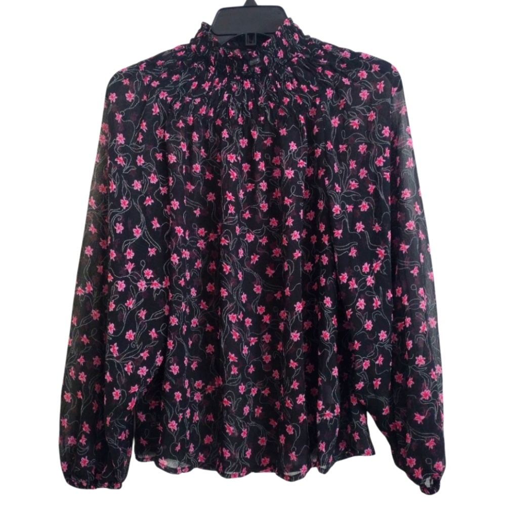 Elizabeth And James Floral Black and Pink Smocked Neck Sheer Top Size XS